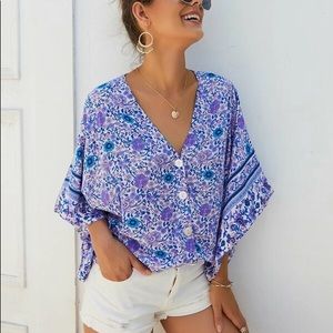 Floral button front batwing blouse